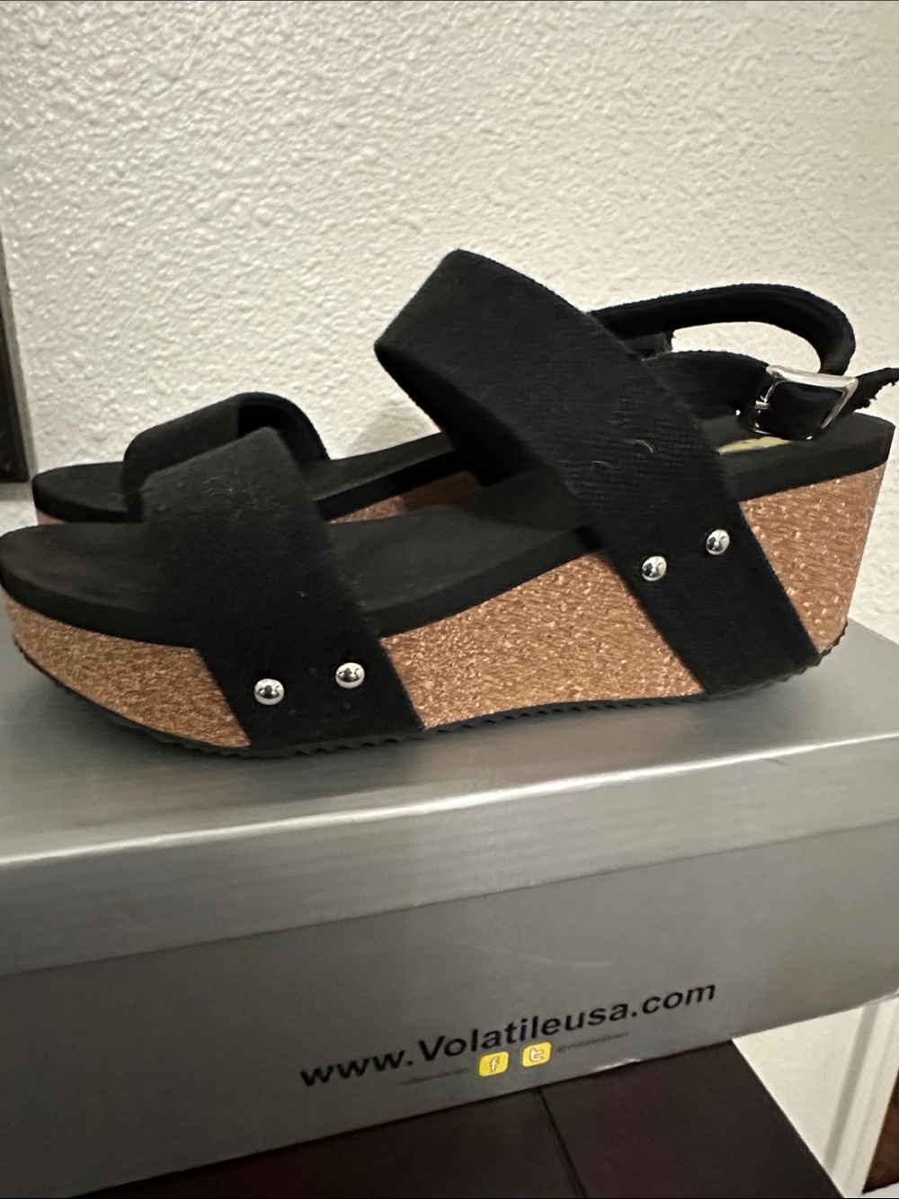 Volatile Black Suede Cork Wedge Sandals
